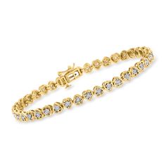 Ross-Simons - .55ct t. w. Diamond Heart Tennis Bracelet Over Sterling. 8". Fall in love with our charming tennis bracelet. Glowing 18kt yellow gold over sterling silver heart-shaped bezel settings hold .55 ct. t. w. round brilliant-cut diamonds, creating the sweetest style! Figure 8 safety. Push-button clasp, diamond heart tennis bracelet. Diamond birthstones are the perfect gift for April birthdays. Heart Tennis Bracelet, Jewelry Presentation, Bracelet Diamond, Diamond Birthstone, Natural Gold, Fine Jewelry Bracelets, Tennis Bracelet Diamond, Sterling Silver Heart, Diamond Bracelets