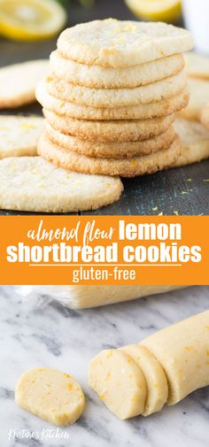 lemon almond flour shortbread cookies stacked on top of each other with the text overlay