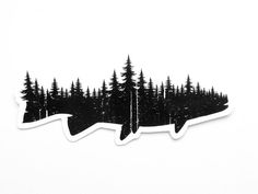 a black and white forest scene with trees cut out from the bottom, on a white background