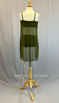 Custom Olive Green camisole bra top has attached mesh overlay that opens in front. Paired with matching lycra trunks. Custom made by The Line Up! **Costume in image is an AXS, Photographed on an AXS/AS Mannequin with Measurements of: Bust 30", Waist 25", Hip 31", Girth 52" Summer Mesh Top With Built-in Bra For Night Out, Stretch Sleeveless Mesh Top With Built-in Bra, Sleeveless Stretch Mesh Top With Built-in Bra, Summer Mesh Tank Top With Built-in Bra, Sheer Stretch Tank Top For Night Out, Summer Mesh Camisole With Built-in Bra, Summer Camisole Mesh Top For Night Out, Fitted Sheer Mesh Tank Top, Sheer Fitted Mesh Tank Top