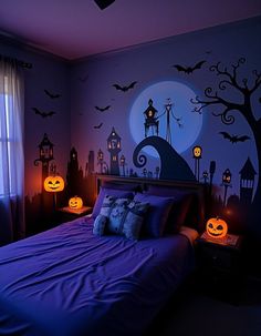 a bedroom decorated for halloween with pumpkins and jack - o'- lanterns