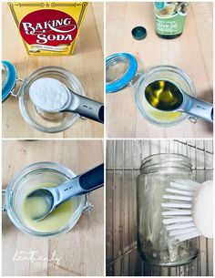 four pictures showing how to make baking soda in a glass jar with spoons and whisk