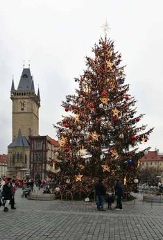 a large christmas tree sitting in the middle of a plaza