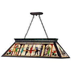 a stained glass light fixture hanging from a chain on an isolated ceiling lamp with four people and