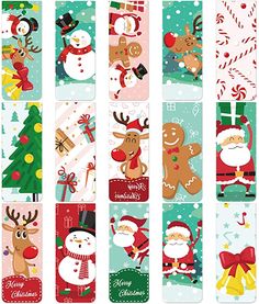 christmas bookmarks with santa, reindeer and snowman on them in different colors are lined up next to each other