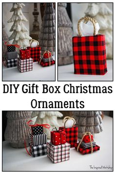 the diy gift box christmas ornaments are made with buffalo plaid fabric and twine