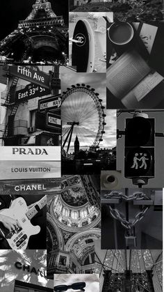 black and white collage with many different things in the background, including signs, buildings,