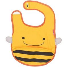 a yellow bib with a black and white stripe on the bottom that has a smiling face