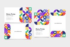 three different business cards with colorful circles and shapes on the front, back and sides