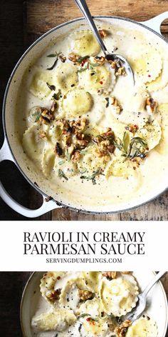 ravioli in creamy parmesan sauce served in a skillet