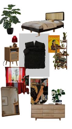 a collage of furniture, plants and pictures