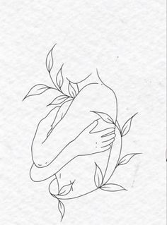 a black and white drawing of a person hugging another person's head with leaves on it