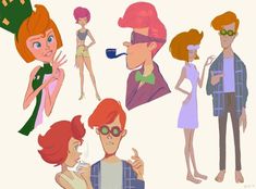 an image of people that are in the style of cartoon character art work on paper