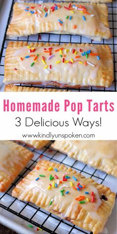 homemade pop tarts with white icing and sprinkles are on a cooling rack