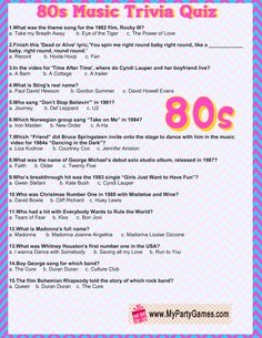 the 80's music trivia quiz is shown in pink and blue with an image of