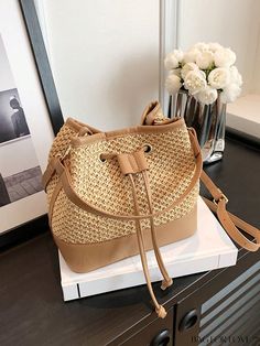 BagForLove - Chic Two-Tone Mini Drawstring Straw Bag Casual Cream Bucket Bag With Adjustable Strap, Casual Beige Bucket Hobo Bag, Casual Beige Bucket Bag With Adjustable Strap, Trendy Drawstring Travel Bag, Casual Beige Drawstring Bag For Daily Use, Casual Beige Drawstring Bag, Casual Everyday Bucket Drawstring Bag, Casual Pouch Drawstring Bag, Casual Drawstring Bag For Travel