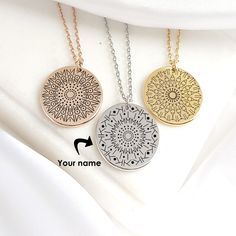 "Personalized mandala name necklace, this pendant makes a great birthday gift for daughter, mom and grandma and also for your best friends who love yoga and meditation.  The design of each name is one of a kind and is very subtle, the names are hand-drawn by me. The disc necklace is made of stainless steel and It is available in three different sizes and four colors: gold, rose gold, black and silver: SMALL: 18mm We can fit names of up to three letters only. MEDIUM: 20mm We can fit names of up to 4 letters only LARGE: 25mm We can fit names of up to 6 letters only. This keepsake can be engraved on the front only or to make it even more personal  we can engrave one of the following options on the back side. OPTION 1: \"NO engraving on back\" We will not engrave anything on the back, the back Personalized Spiritual Medallion Necklace For Gifts, Personalized Spiritual Medallion Necklace, Spiritual Personalized Medallion Charm Necklaces, Spiritual Personalized Medallion Charm Necklace, Spiritual Medallion Necklace For Personalized Gift, Personalized Spiritual Pendant Medallion Necklace, Name Mandala, Mom Yoga, Birthday Gift For Daughter