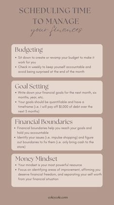 an info sheet with the words scheduleing time to manage your finance system on it