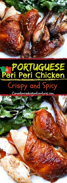 the cover of portuguese peri peri chicken, crispy and spicy with greens