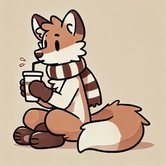 a drawing of a fox with a cup of coffee in his hand and scarf around it's neck