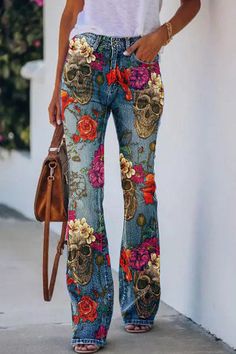 Stretch Flare Jeans For Summer, Stretch Summer Flare Jeans, Stretch Denim Blue Pants For Fall, Fall Denim Blue Trousers, Casual Flare Jeans For Fall, Fall Denim Bottoms, Denim Bottoms For Fall, High Rise Flare Pants, White Halloween