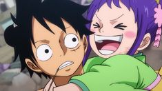 two anime characters one with purple hair and the other with green eyes, are hugging