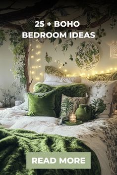 a bed with green pillows and lights on the headboard