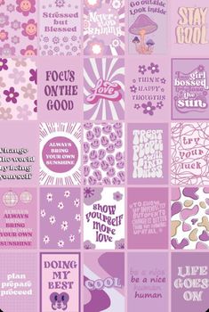 a collage of pink and purple stickers