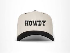 Grab your new favorite hat with our "Howdy" embroidered SnapBack two tone hat.  This structured, high-profile  6 Panel snapback is the perfect choice for sunny days. It can also serve as a stylsh accessory for your outfit as the flat bill gives the cap a modern twist.  ---------------------- Product Details: Premium wool-blended snapback for luxurious look. 6-panel structured cap with classic green undervisor. Contrasting plastic snapback closure, eyelets, and top button with 8-rows of stitching Western White Snapback Hat, Country Style Trucker Hat For Western-themed Events, Adjustable Snapback Trucker Hat For Western-themed Events, Adjustable 5-panel Trucker Hat For Rodeo, Adjustable Western 5-panel Trucker Hat, Country Concert Outfit, Country Concerts, Western Hats, Snapback Hats