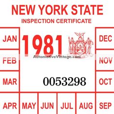 the new york state inspection certificate is shown in red and white, with an image of two