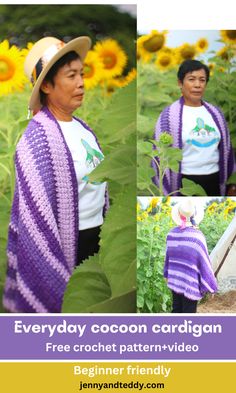 the woman is wearing a purple and white striped shawl in front of sunflowers