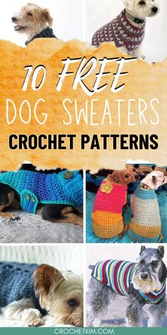 crochet dog sweaters with text overlay that reads, 10 free dog sweaters crochet patterns