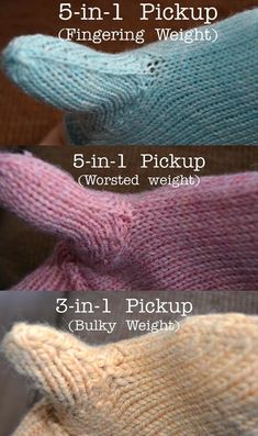 the instructions for knitting socks and mittens are shown in three different colors, including pink, blue, green, and beige