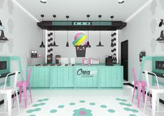 an ice cream shop with pastel green and pink chairs