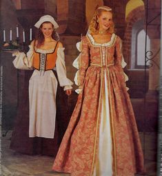 Costumes include lace-up bodice, blouse with ruffled neckline, skirt with back zipper closure and waistband; costume A has long sleeved bodice, headpiece with veil and skirt with contrast underskirt; costume B has sleeveless bodice, cap and skirt with apron. Purchased trims. This sewing pattern is out-of-print, factory folded, complete with instructions. Envelopes have shelf wear. Fitted Ruffled Costumes For Costume Party, Fitted Costume With Ruffles For Fancy Dress, Victorian Fitted Dress For Costume Party, Fitted Victorian Dress With Long Sleeves For Theater, Fitted Victorian Dress With Ruffles And Long Sleeves, Long Sleeve Dresses For Fancy Dress In Fall, Long Sleeve Dresses For Fancy Dress Occasions In Fall, Fitted Long Sleeve Costume For Parties, Long Sleeve Ruffled Dress For Theater