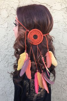 "Stunning Crochet Lace Dreamcatcher Headband in a beautiful warm Indian Summer color mix. This unique handmade dreamcatcher has a 3\" ring that is attached to a string of chained cotton. The headband is adjustable to all sizes with sliding beads. Item will be shipped 2 - 3 business days after purchase. Click here for more dreamcatcher headbands: https://www.etsy.com/shop/VividBloom?section_id=17279658 See the variety of feather and flower headbands (and more) in my shop: https://www.etsy.com/sho Summer Mandala, Mandala Dreamcatcher, Easy Diy Fashion, Crochet Feather, Diy Fashion Trends, Black Dream Catcher, Dream Catcher White, Feather Dream Catcher, Handmade Dreamcatcher