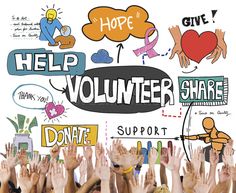 a group of people raising their hands in front of a sign that says help volunteer share