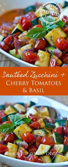 two pictures of tomatoes, zucchini and cherry tomatoes in a bowl with basil