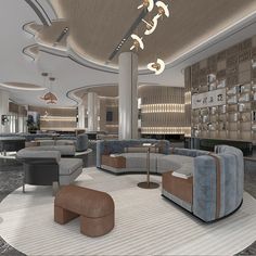 an artistic rendering of a modern lobby with couches, tables and lamps on the ceiling