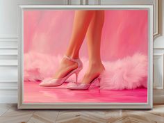 a painting of a woman's feet in high heels with pink feathers on the floor