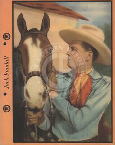 an old card features a young boy holding a horse's bridle and wearing a cowboy hat