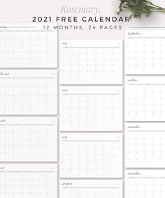 the 2020 free printable calendar is shown with flowers in front of it and on top of