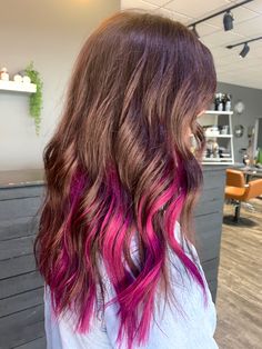 Golden Brown Hair With Pink Highlights, Brown Hair With Pink Extensions, Peekaboo Hair Color Auburn, Hair With Peekaboo Color, Fun Hair Color Ideas For Brunettes Pink, Red And Purple Peekaboo Hair, Brown Magenta Hair, Brunette With Pink Peekaboo