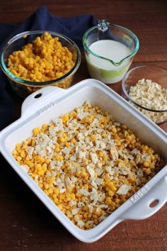 corn in a baking dish next to other ingredients