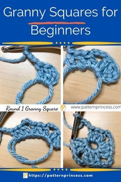 four pictures showing how to crochet the granny square for beginner's