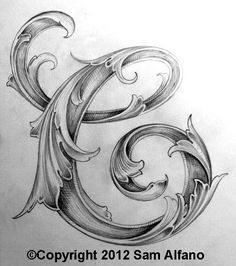 the letter e is made up of swirls and leaves in black ink on white paper