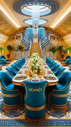 a fancy dining room with blue chairs and gold trimmings on the walls, along with an elaborate staircase