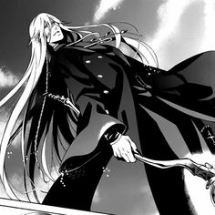 an anime character with long white hair and black clothes holding a clock in her hand