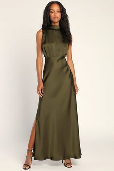 Olive Satin Dress - Mock Neck Maxi Dress - Sleeveless Satin Dress - Lulus Olive Evening Dress, Mock Neck Maxi Dress, Fabric Detailing, Gathered Fabric, Sleeveless Mock Neck, Fall Wedding Guest Dress, Mob Dresses, Formal Dresses Gowns, Mock Neck Dress