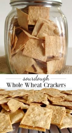 homemade sourdough whole wheat crackers in a glass jar